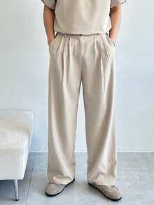 DAZY 男士 Polo 领纽扣半开襟短袖衬衫上衣和口袋阔腿裤休闲日常套装 - 卡其色 - 查看 6