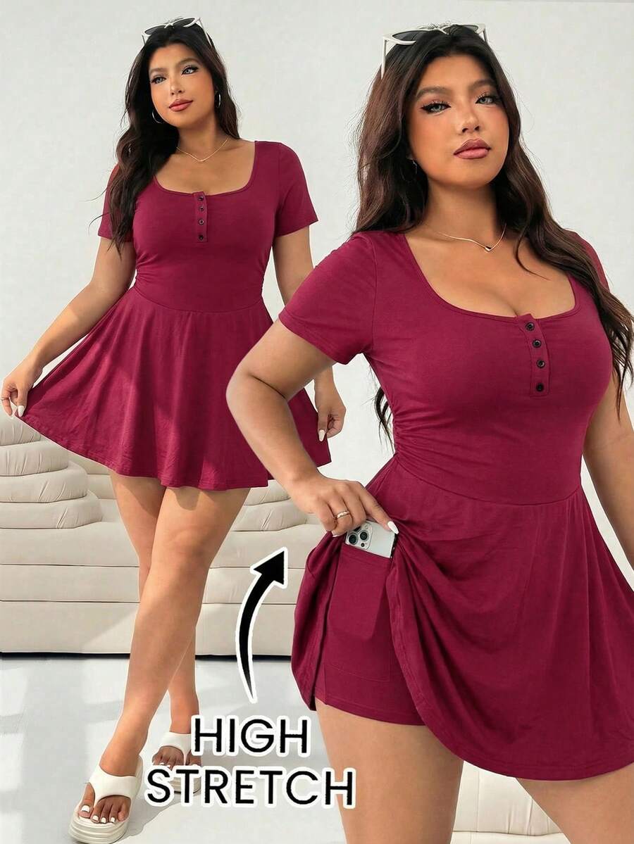 SHEIN EZwear Bộ áo liền quần ngắn tay cổ vuông màu đỏ rượu vang dành cho nữ cỡ lớn - Màu Đỏ Sâu - Xem 1