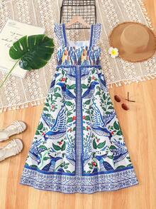 SHEIN Vestido de tirantes de niña preadolescente con estampado floral disperso - Azul - Ver 2