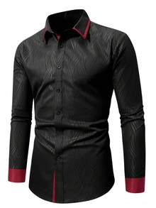Manfinity Mode Áo sơ mi nam màu đen mùa thu sang trọng thanh lịch, cổ đứng, chất liệu satin cao cấp, áo sơ mi trang trọng kiểu công sở casual dài tay cho đám cưới, lễ nghi - màu đen - Xem 4