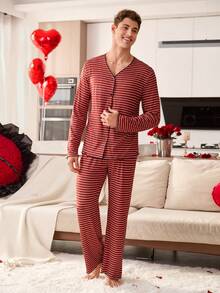 SHEIN Men's Fashion Casual Striped Print V-Neck Cardigan Long Sleeve Pajama Set - Red - View 2
