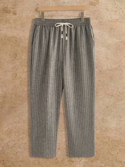 HIMLAND 男士条纹印花抽绳腰带休闲裤，带斜插口袋