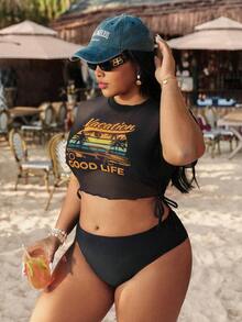 Swim Vcay 大码女士热带植物印花罩衫搭配女士吊带比基尼沙滩度假休闲泳衣两件套 - 黑色 - 查看 7