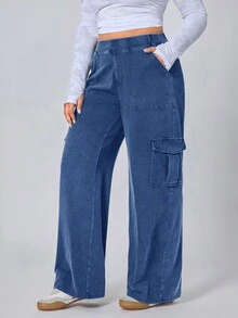 Flexra Plus Size Casual Washed Straight Leg Cargo Jeans - Medium Wash - View 4