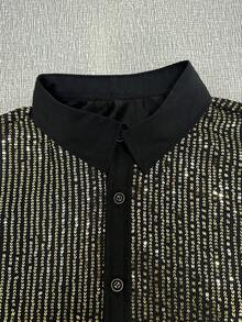 Manfinity AFTRDRK 男士亮片装饰长袖时尚衬衫 水钻男装 男士闪亮衬衫 黑金正装衬衫 男士亮片衬衫 - 黑色 - 查看 4