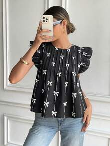 SHEIN Frenchy Áo babydoll nữ dễ thương, kiểu dáng thường ngày/đi làm, họa tiết bướm và sọc, tay bồng, thích hợp cho mùa hè. - màu đen - Xem 7