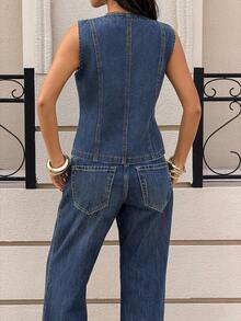 Siren Gaze Áo denim nữ màu trơn cổ tròn không tay cài cúc phía trước kiểu dáng thường ngày - Rửa trung bình - Xem 4