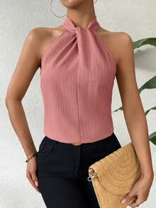 Chiquease Áo sơ mi hở vai không tay màu trơn thanh lịch dành cho quý cô, áo không tay - Màu hồng gỉ - Xem 4