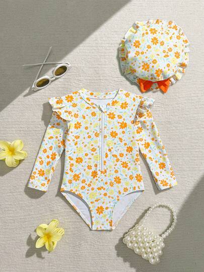 1pc Baby Girls' Cute Floral Print One-Piece Swimsuit, Knitted Fabric Long Sleeve Sun Protection Swimwear, Suitable For Swimming, Summer, Vacation