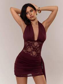 Aloruh Wine Red Romantic Date Sexy Bodycon Deep V Ruched Mini Dress For Women,Summer Dresses For Women - Burgundy - View 5