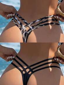 Swim SXY 女士夏季沙滩泳裤套装（2件装），1件纯色，1件随机豹纹性感丁字比基尼泳裤 - 彩色 - 查看 1