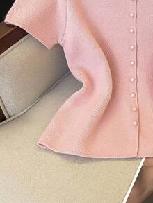 Franclia Elegant And Ladylike Style Loose Semi High Neck Short Sleeved Woolen Breasted Pink Women's Spring And Summer Knitted Top, Summer Outfits Spring Outfit Women Elegant Women's Knitted Top Casual Women Outfits Pink Knitted Top Pink Sweater