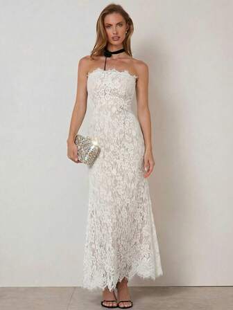 COSMINA Women's Solid Color Lace Dress, Elegant