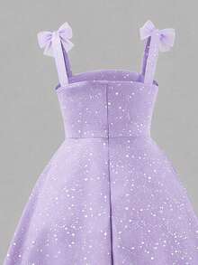 优雅少女蝴蝶结装饰A字荷叶边网纱吊带裙，适合晚宴和宴会穿着 - 紫色 - 查看 6