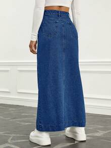 SHEIN EZwear 女士高腰开衩长款休闲牛仔中长裙 - 藍色 - 查看 2