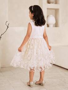SHEIN Glamorique Kids 女童公主裙，杏色，刺绣网纱裙摆，无袖，蝴蝶结装饰，优雅，适合婚礼、派对、舞会、舞台表演，四季皆宜 - 杏色 - 查看 2