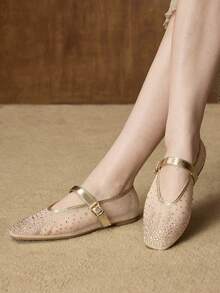 MOTF PREMIUM WOMEN RHINESTONE DETAIL BUCKLE FLATS VALENTINE'S DAY SPRING SHOES - Gold - View 5