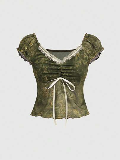ROMWE Camiseta ajustada de mujer con cuello en V vintage, decoración de lazo y estampado floral de contraste en estilo hippie