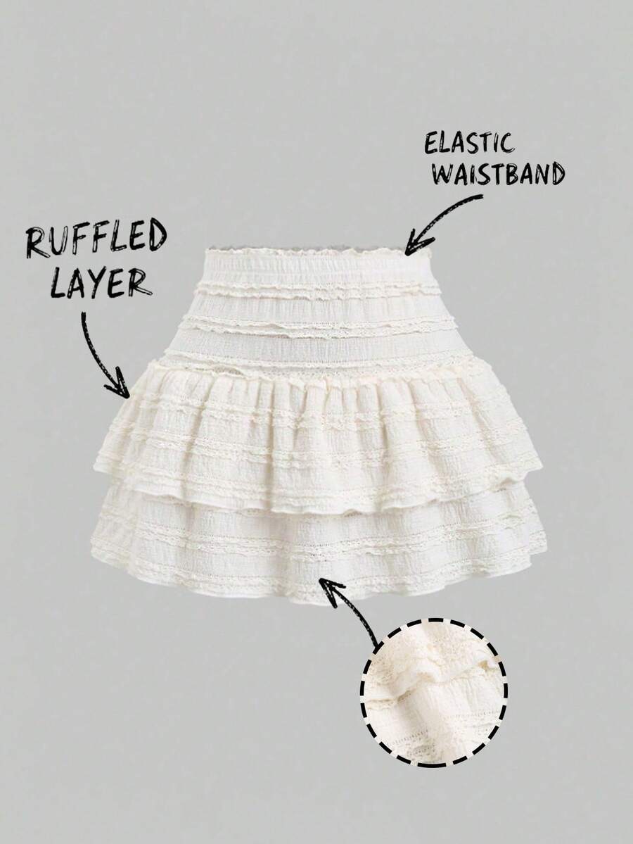 Olithes Women's Elegant Ruffled Multi-Layer Skirt, Sweet Ballerina Style Ruffle Bubble Skirt, Sweet Style, Spring/Summer - Beige - View 1