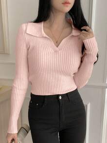 DAZY Áo len nữ dài tay cổ chữ V dáng ôm màu trơn, thích hợp mặc hàng ngày, mùa thu/đông. - Hồng - Xem 2