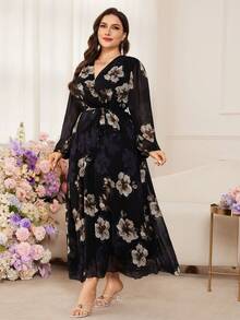Modelyn Elegant Chiffon Floral Print Long Sleeve Waist Cinched A-Line Plus Size Dress, Spring/Autumn - Multicolor - View 6