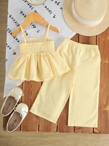 Baby Mädchen Lässig Urlaubs süß niedlich hellgelbes 3D Blumen Häkel Dekor Faux Stickerei Trägerhemd und passende gerade Bein Hose gewebtes 2-teiliges Set, Frühling/Sommer - Gelb - Übersicht 3
