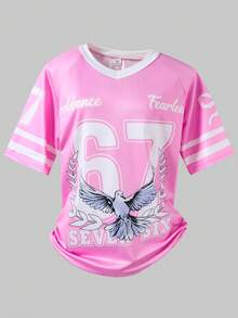 SHEIN ChillGRL Áo thun ngắn tay thể thao màu hồng cho bé gái, cổ chữ V, chất liệu dệt kim thoải mái, dáng rộng rãi, phù hợp cho các hoạt động thường ngày và thể thao, mùa hè. - Hồng - Xem 3