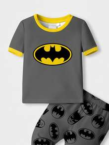 BATMAN X SHEIN Baby Boy Casual Snug Fit Bat Print Short Sleeve Top And Long Pants Pajama Set, Spring/Summer/Autumn - Multicolor - View 4
