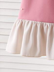 SHEIN Girls' Casual Black Contrast Collar Waist Knit Dress - Pink - View 7