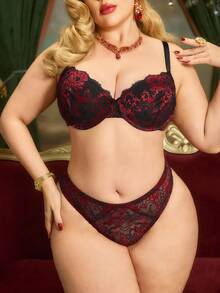PinupPomp 大码内衣套装，钢圈+双色蕾丝拼接，女士套装，适合音乐节、度假、派对、复古宫廷风格 - 酒紅色 - 查看 6
