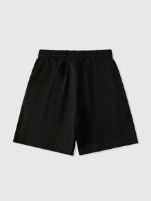 ROMWE MEN Prep 男士字母印花抽绳腰带休闲宽松短裤 - 黑色 - 查看 2