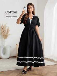 Easowa V领泡泡袖撞色滚边荷叶边下摆松紧腰A字伞裙短袖休闲棉质连衣裙，优雅通勤风，春夏款 - 黑色 - 查看 4