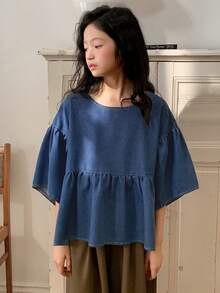 DAZY Tween Girls Round Neck Short Sleeve Denim Top - Blue - View 3