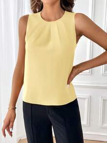 SHEIN Clasi Women's Casual Solid Color Sleeveless Shirt, Summer - Light Yellow - View 4