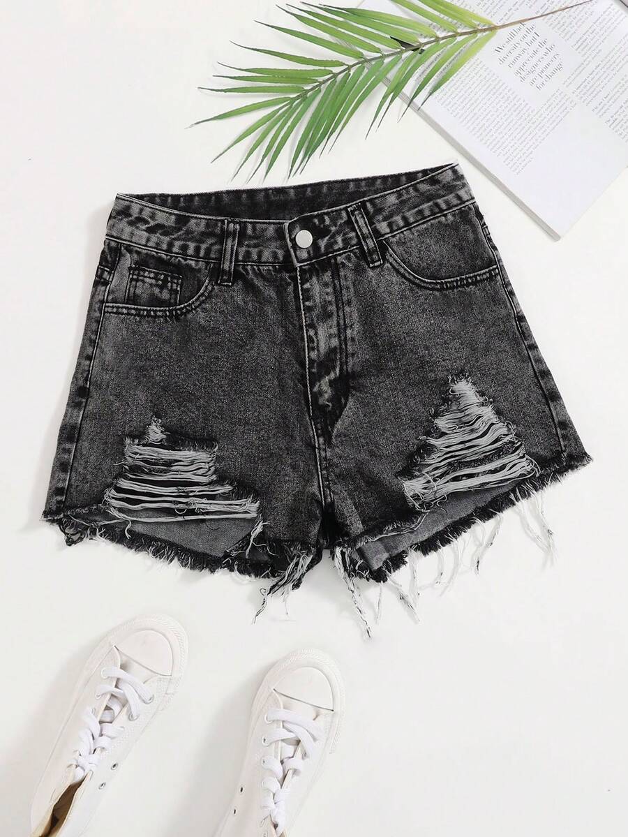 SHEIN Tall Women's Casual Washed Distressed Denim Shorts, Summer - Black - View 1