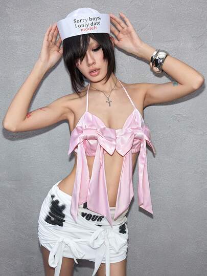 ROMWE Avant Women's Retro Sweet Girl Sexy Satin Fabric 3D Bow Decor Bikini Style Camisole