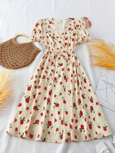 GlowEve CURVE Plus Size V-Neck Fresh Cherry Blossom Print Short Sleeve Tie Waist Elegant Spring/Summer Dress For Women