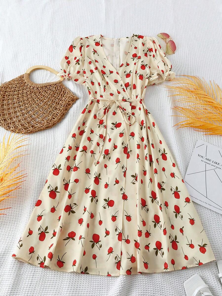 GlowEve CURVE Plus Size V-Neck Fresh Cherry Blossom Print Short Sleeve Tie Waist Elegant Spring/Summer Dress For Women - Multicolor - View 1