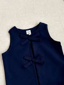 SHEIN Baby Girls' Minimalist Washed Cotton Double-Layer Chiffon Sleeveless Bow Tie Top And Pants Set, Spring/Summer - Navy Blue - View 3