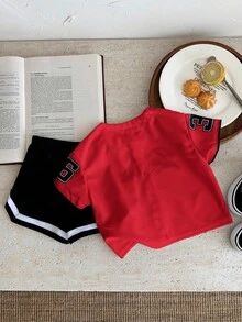SHEIN 2pcs Baby Boy/Girl Letter Print V-Neck Short Sleeve Top And Elastic Waist Shorts Set - Red - View 2