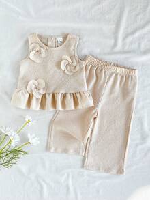 Vintaside Kids 2pcs/Set Baby Girl Casual Cute Bow Sleeveless Top And Pants Set - Khaki - View 1