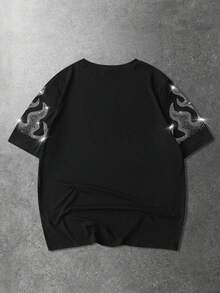 ROMWE MEN Men's Casual Street Style Rhinestone Embellished Flame Print Short Sleeve T-Shirt - Black - View 2