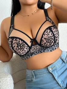 DesireSculpt 1件加大码女士花卉刺绣蝴蝶结装饰无钢圈文胸 - 黑色 - 查看 8