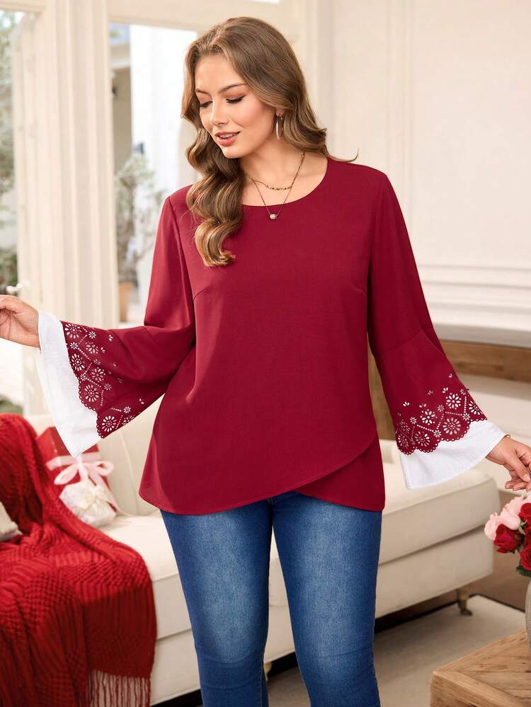 Plus Size Elegant Contrast Color Flare Sleeve Red Shirt,Vacation/Summer/Spring