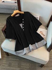 GlowEve CURVE Plus Half Button Peplum Top - Black - View 3