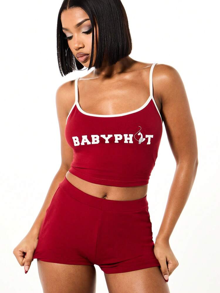 Spaghetti Strap Crop Top Camisole With Contrast White Trim Letter Graphic Print Sleep Loungewear Tank Top Burgundy 2 Piece Set Burgundy Shorts Babyphat Top Bralette Set Burgundy Crop Top