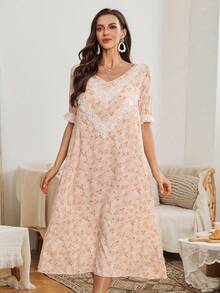 Serenescape 女士休闲植物印花V领蕾丝边宽松长款睡裙 - 珊瑚粉 - 查看 6