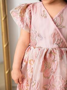 SHEIN Glamorique Kids 女婴优雅泡泡袖收腰花卉提花荷叶边连衣裙，正式场合着装 - 粉色 - 查看 3
