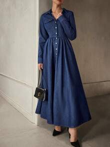 Selenza 女士长袖单排扣休闲牛仔衬衫裙 - 藍色 - 查看 6