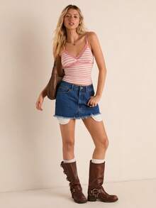 Easelle Chân váy ngắn denim nữ thời trang thường ngày, phong cách đường phố sành điệu, thêu chữ, gấu rách, thích hợp cho mùa hè. - Màu xanh lam - Xem 2
